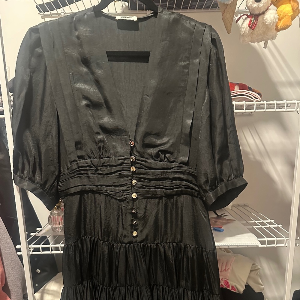 Sandro Black Size40 Women Frilly Dress with Short Sleeves